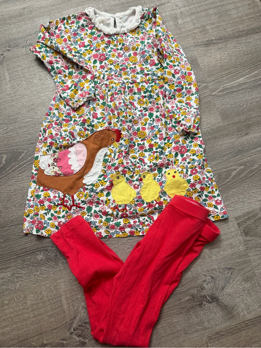 Girls Floral Chick Applique Matching Set in Multi and Red